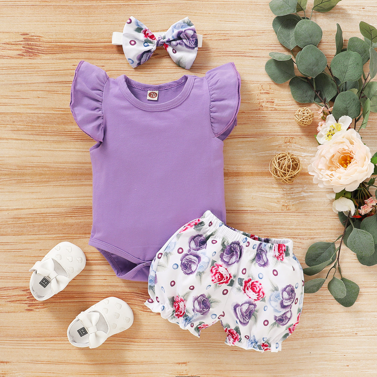 3PCS Infant Kid Baby Girl Fly Sleeve Purple Romper+Flowers Print Shorts Headband Summer Outfit Set age 0-18M