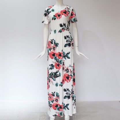 Women Long Maxi Dress Summer Floral Print Boho Beach Dress Short Sleeve Evening Party Dress Tunic Vestidos Plus Size XXXL