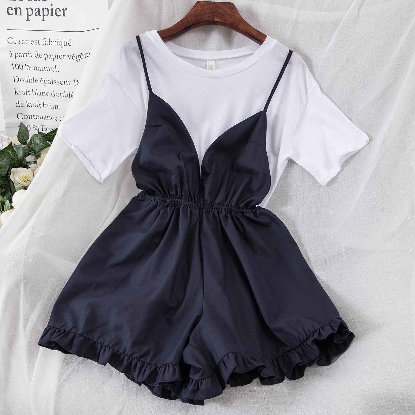 Summer Women's Solid Color Simple T-shirt + Suspender Wide Leg Shorts Two-piece Female Shorts Set