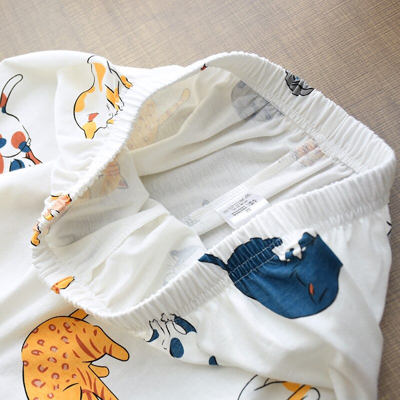 Women Cute Cat Print Cartoon Home Clothes 2Pcs Set Sleepwear Female Tops+Pants Nighties Pijama Suit 100% Cotton Pajamas