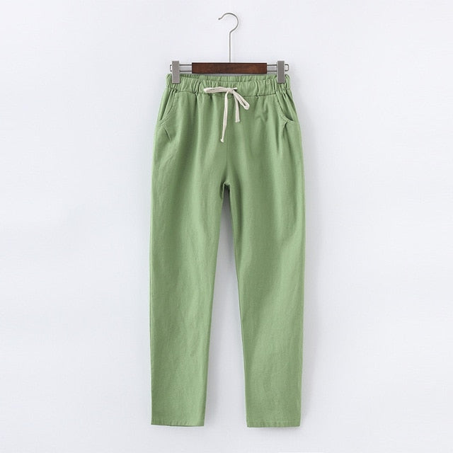 Candy Colours Pants Women Lace Up Cotton Linen Sweatpants