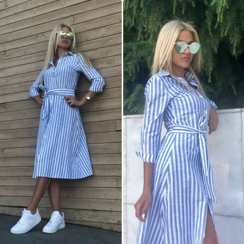 Women Vintage Sashes Blue Striped A-line Party Dress Three Quarter Sleeve Turn Down Collar Casual Dress