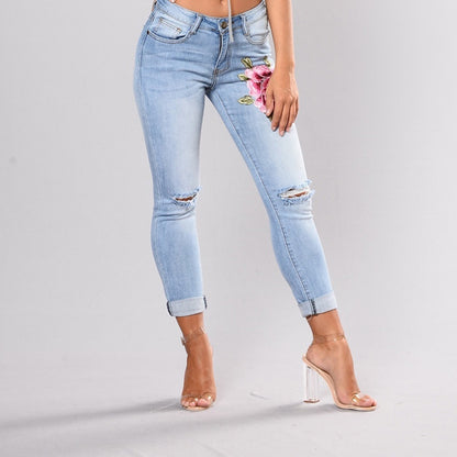 Women Flower print Stretch Embroidered Jeans