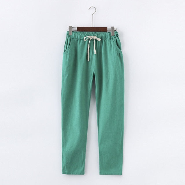 Candy Colours Pants Women Lace Up Cotton Linen Sweatpants