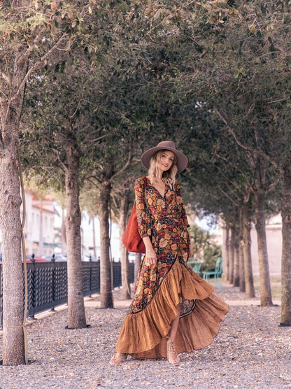 Autumn New Floor Length Dress Women's Long Sleeve Printing Dress Floral Vintage Irregular Maxi Dress Mujer Chic Wrap Dress