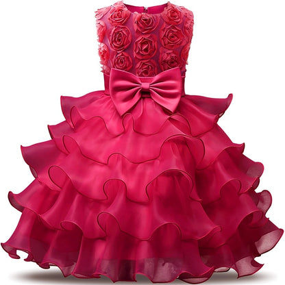 Elegant Pink Ruffle Dress for Girls - Floral Design with Bow | Perfect for Parties & Special Occasions"