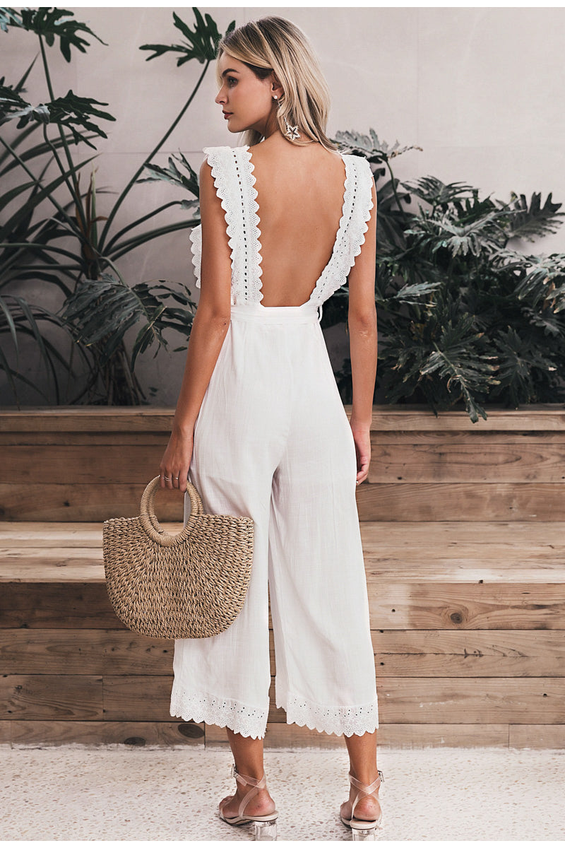 Cotton linen ruffled embroidery women jumpsuit Elegant hollow out sashes long jumpsuit romper Casual ladies overalls