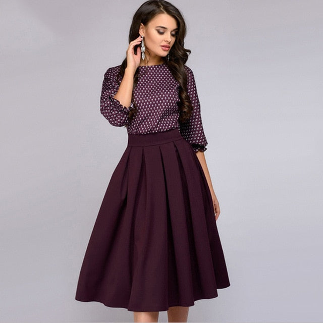 Women Lantern Sleeve Elegant Casual O-Neck Half Sleeves A-Line Dress Mid-Calf Party Dresses