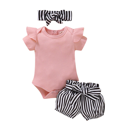 Toddler Infant Baby Girls Stripe Outfits Children Girl Romper Bowknot Shorts Headbands Set Summer Kids Set Baby Kleding Meisje