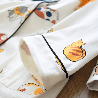 Women Cute Cat Print Cartoon Home Clothes 2Pcs Set Sleepwear Female Tops+Pants Nighties Pijama Suit 100% Cotton Pajamas