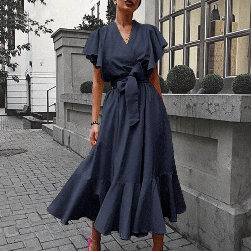 Women Vintage V-neck Ruffle Party Dress Spring High Waist Lace-up Bow Long Dress Summer Butterfly Short Sleeve A-Line Dress