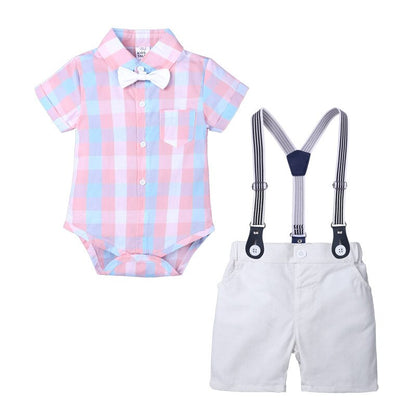 baby boy suit gentleman dress plaid shirt bow tie short-sleeved jumpsuit straps shorts suit baby clothes