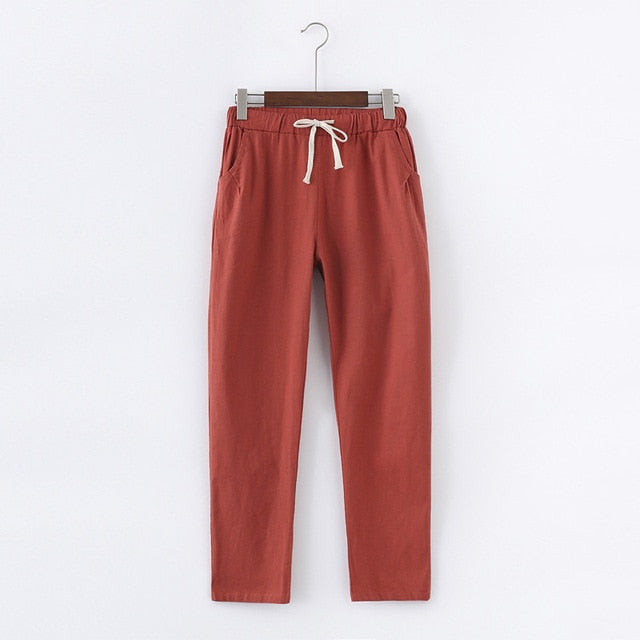 Candy Colours Pants Women Lace Up Cotton Linen Sweatpants