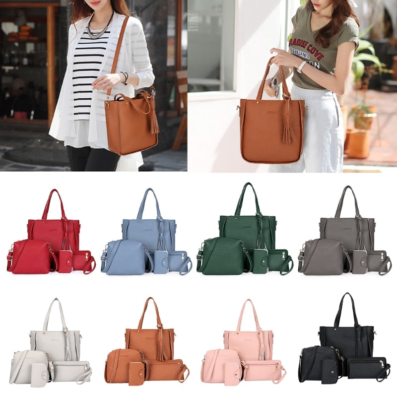 PU Leather Women's Shoulderbag +Casual Tote + Lady Handbag +Card Coin Bags Purse Messenger Satchel 4pcs/set