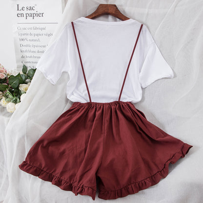 Summer Women's Solid Color Simple T-shirt + Suspender Wide Leg Shorts Two-piece Female Shorts Set