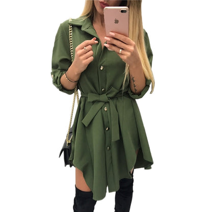 Women wrap dress Long sleeve turn down collar short mini dresses