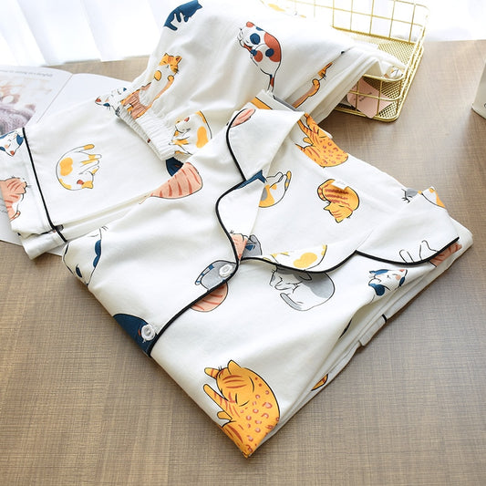 Women Cute Cat Print Cartoon Home Clothes 2Pcs Set Sleepwear Female Tops+Pants Nighties Pijama Suit 100% Cotton Pajamas