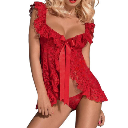 Sexy Lace Lingerie Dress Women Homewear Night Gowns + G-string Sexy Panties Nightwear Sleepwear Sets