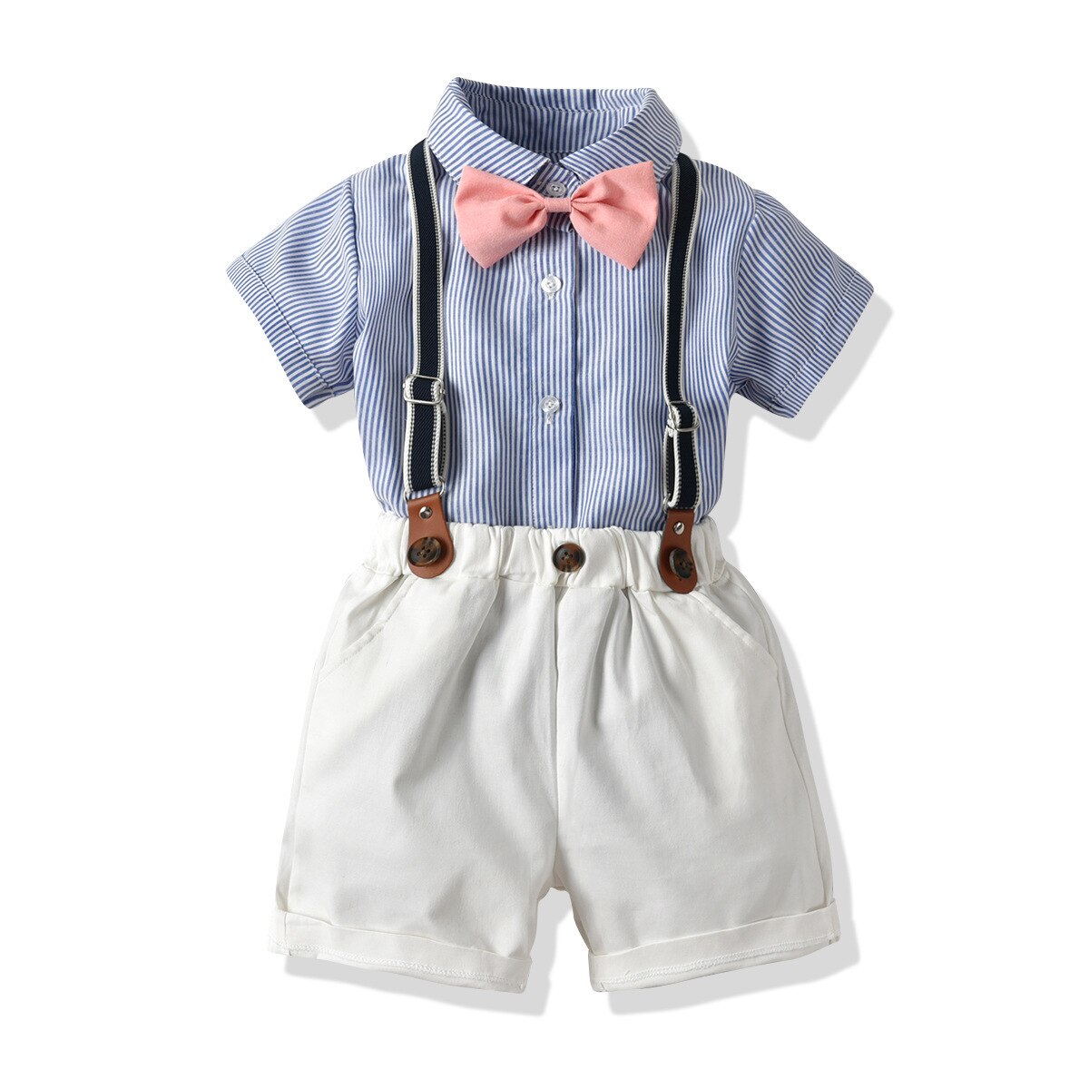 New Boy's Gentleman Suit Short-Sleeved Striped Shirt Bow Tie Shorts Strap Four-Piece Suit