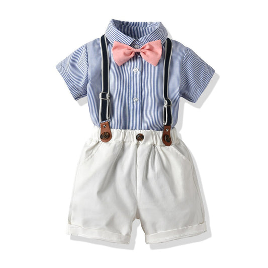 New Boy's Gentleman Suit Short-Sleeved Striped Shirt Bow Tie Shorts Strap Four-Piece Suit