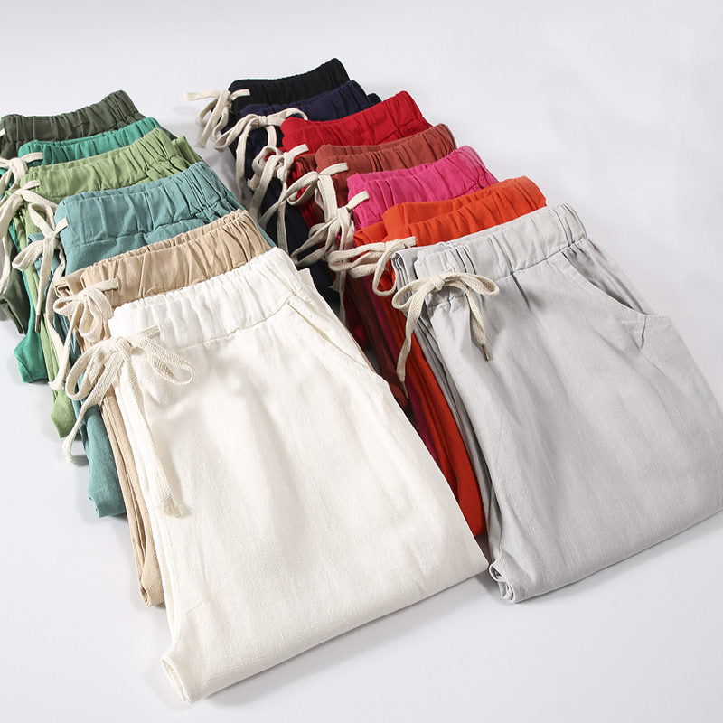 Candy Colours Pants Women Lace Up Cotton Linen Sweatpants