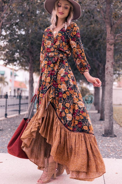 Autumn New Floor Length Dress Women's Long Sleeve Printing Dress Floral Vintage Irregular Maxi Dress Mujer Chic Wrap Dress