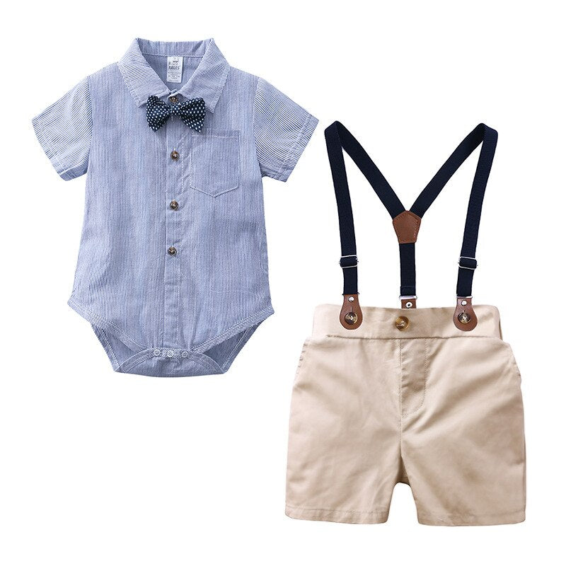 baby boy suit gentleman dress plaid shirt bow tie short-sleeved jumpsuit straps shorts suit baby clothes