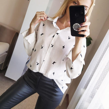 Women's Birds Print Shirts 35% Cotton Long Sleeve Female Tops  (5XL)