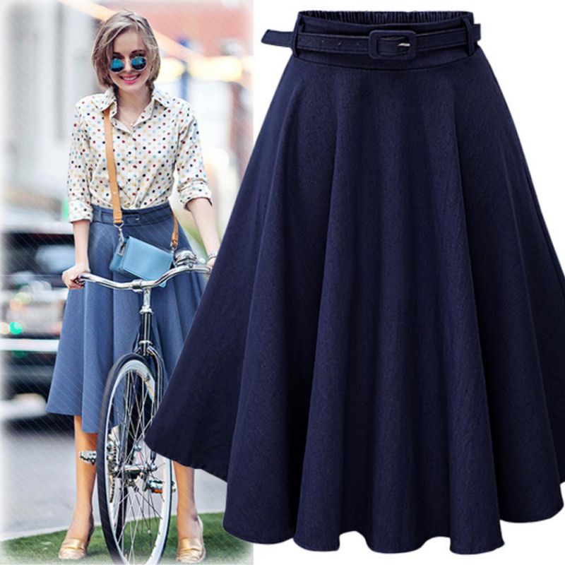 Women Denim Jeans Skirts A line Casual Skirt High Elastic Waist Streetwear Midi Pleated Female Clothing