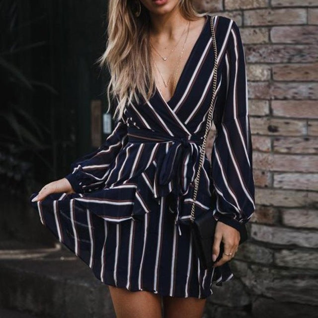 Lantern Sleeve Casual Striped V-Neck Dress Casual Ruffle Mini Party Dress