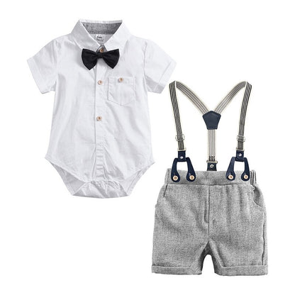 baby boy suit gentleman dress plaid shirt bow tie short-sleeved jumpsuit straps shorts suit baby clothes