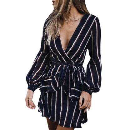 Lantern Sleeve Casual Striped V-Neck Dress Casual Ruffle Mini Party Dress