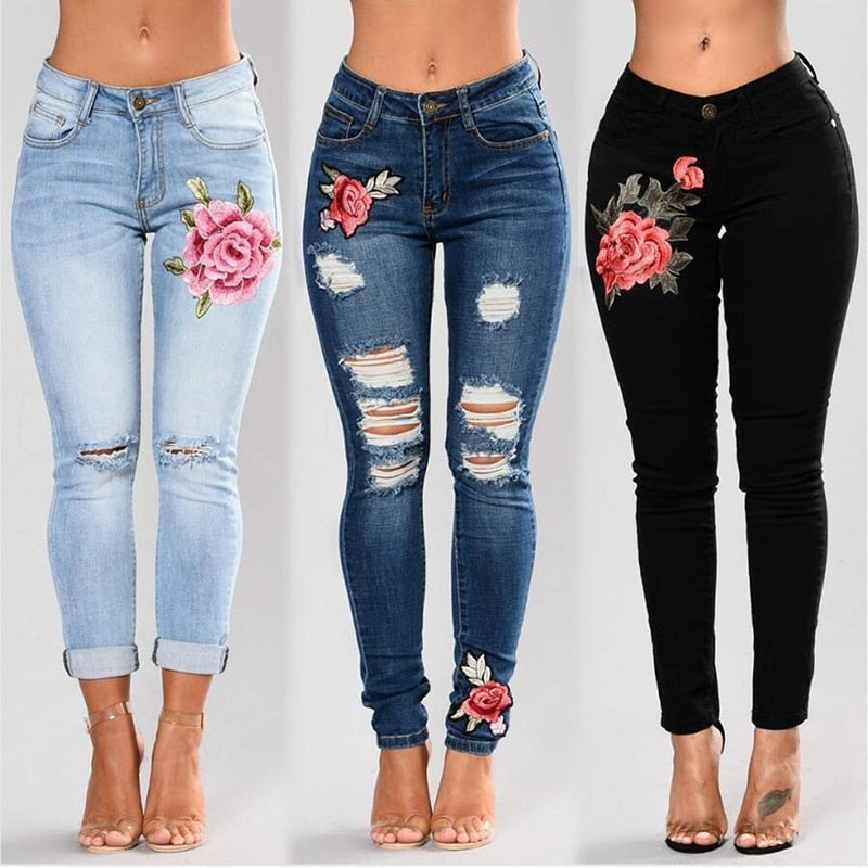 Women Flower print Stretch Embroidered Jeans