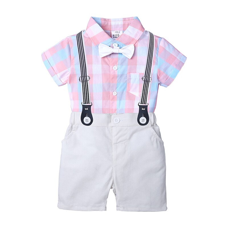 baby boy suit gentleman dress plaid shirt bow tie short-sleeved jumpsuit straps shorts suit baby clothes