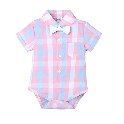 baby boy suit gentleman dress plaid shirt bow tie short-sleeved jumpsuit straps shorts suit baby clothes