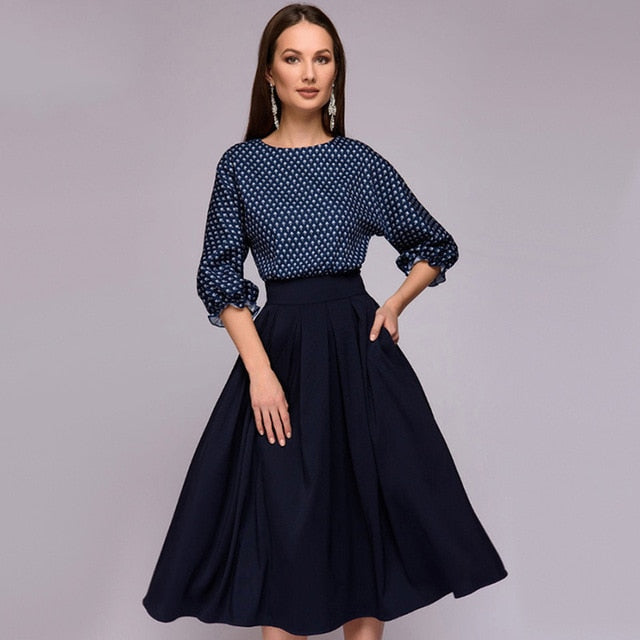 Women Lantern Sleeve Elegant Casual O-Neck Half Sleeves A-Line Dress Mid-Calf Party Dresses