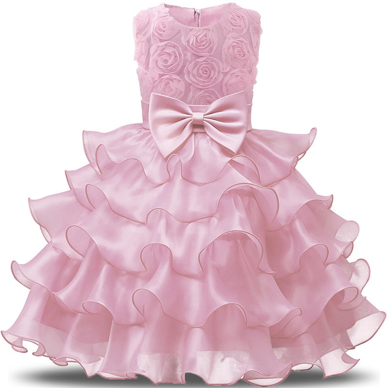 Elegant Pink Ruffle Dress for Girls - Floral Design with Bow | Perfect for Parties & Special Occasions"