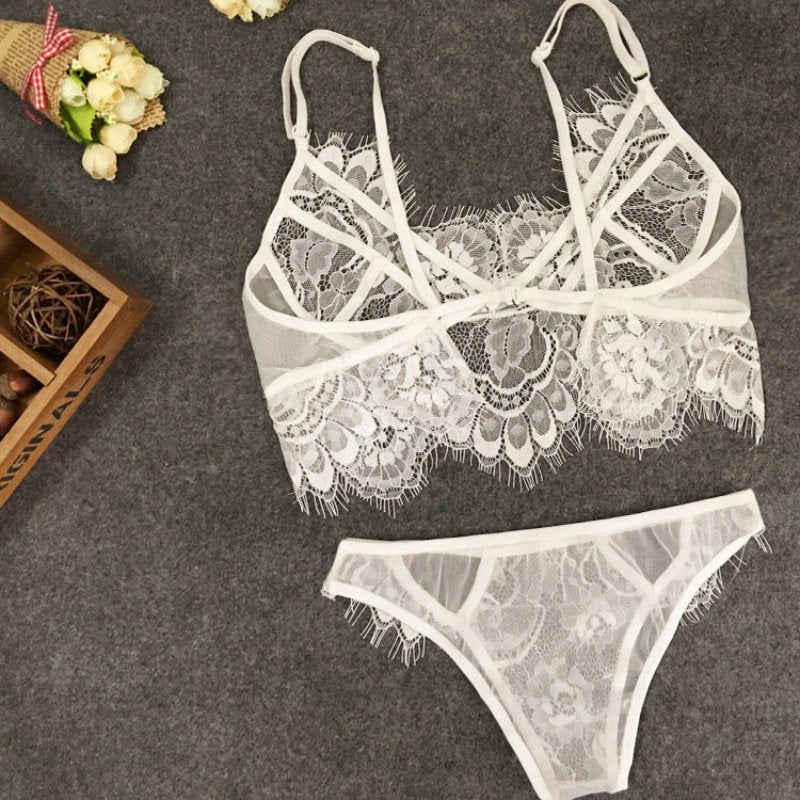 Sexy Bra Lingerie Lace Bras G-string Sheer Unpadded Mesh Bralette Sets Women White Trim Straps Bra Soft Deep V Cross Back Bras