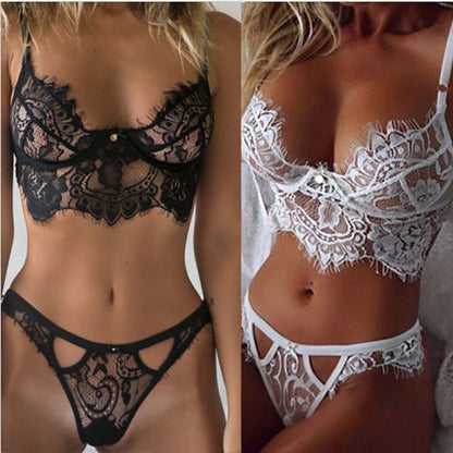 Sexy Bra Lingerie Lace Bras G-string Sheer Unpadded Mesh Bralette Sets Women White Trim Straps Bra Soft Deep V Cross Back Bras