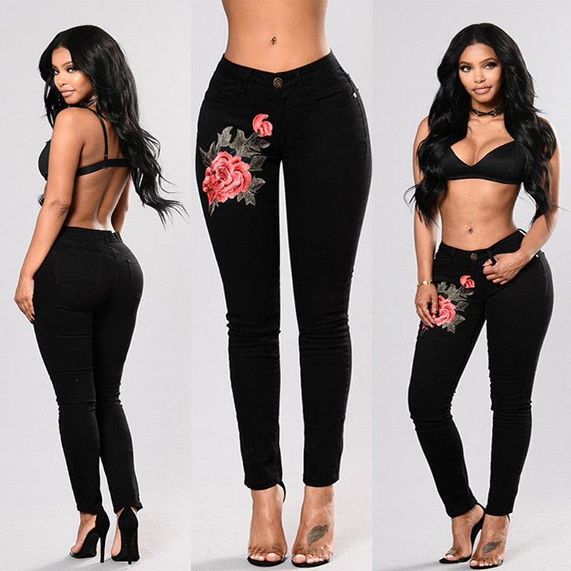 Women Flower print Stretch Embroidered Jeans