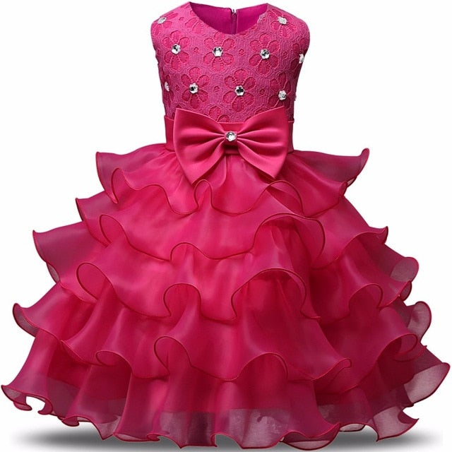 Elegant Pink Ruffle Dress for Girls - Floral Design with Bow | Perfect for Parties & Special Occasions"