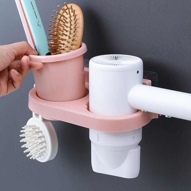 Multifunction Bathroom Rack Organizer Self Adhesive Wall Mounted Hair Dryer Holder Hair Tools Storage With DIY Cup