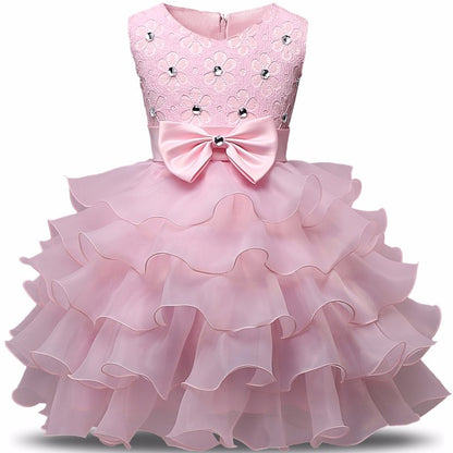 Elegant Pink Ruffle Dress for Girls - Floral Design with Bow | Perfect for Parties & Special Occasions"