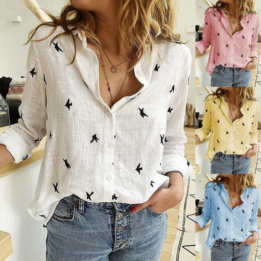 Women's Birds Print Shirts 35% Cotton Long Sleeve Female Tops  (5XL)