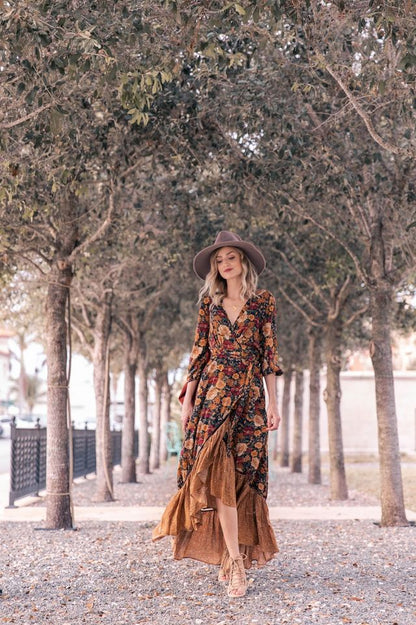 Autumn New Floor Length Dress Women's Long Sleeve Printing Dress Floral Vintage Irregular Maxi Dress Mujer Chic Wrap Dress