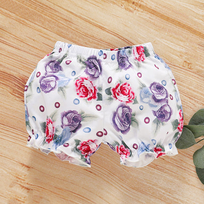 3PCS Infant Kid Baby Girl Fly Sleeve Purple Romper+Flowers Print Shorts Headband Summer Outfit Set age 0-18M