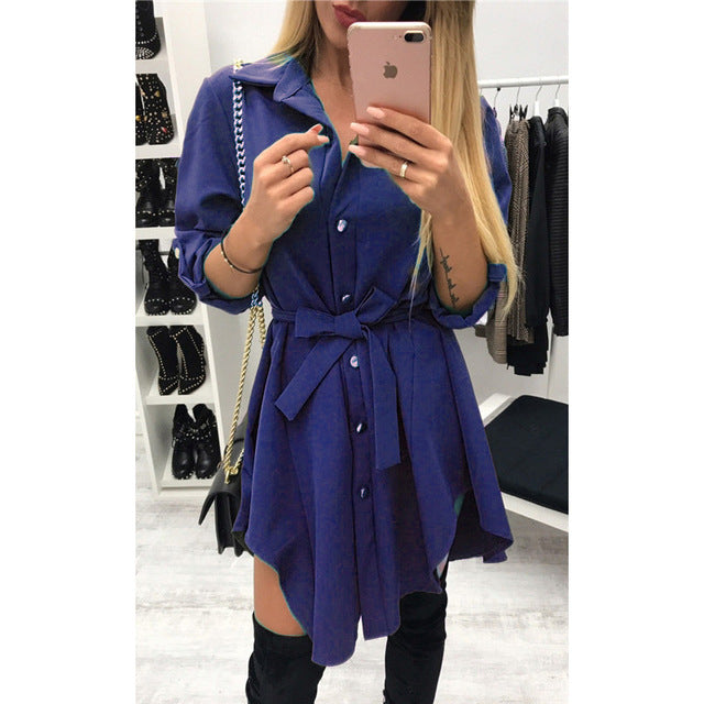 Women wrap dress Long sleeve turn down collar short mini dresses