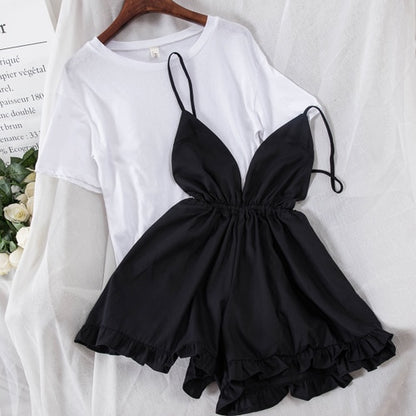 Summer Women's Solid Color Simple T-shirt + Suspender Wide Leg Shorts Two-piece Female Shorts Set