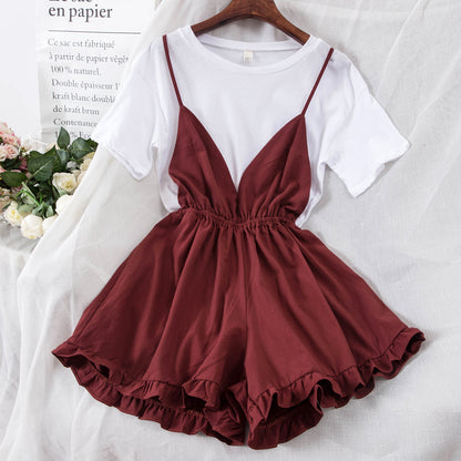 Summer Women's Solid Color Simple T-shirt + Suspender Wide Leg Shorts Two-piece Female Shorts Set