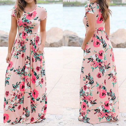 Women Long Maxi Dress Summer Floral Print Boho Beach Dress Short Sleeve Evening Party Dress Tunic Vestidos Plus Size XXXL